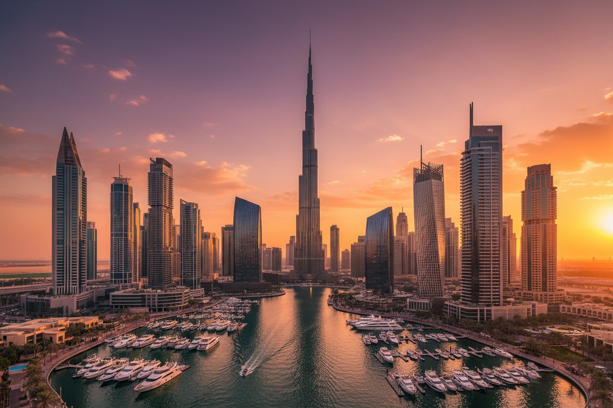 𝓗𝓸𝓶𝓮 The Burj Khalifa towers over the Dubai skyline and a marina filled with yachts at sunset.